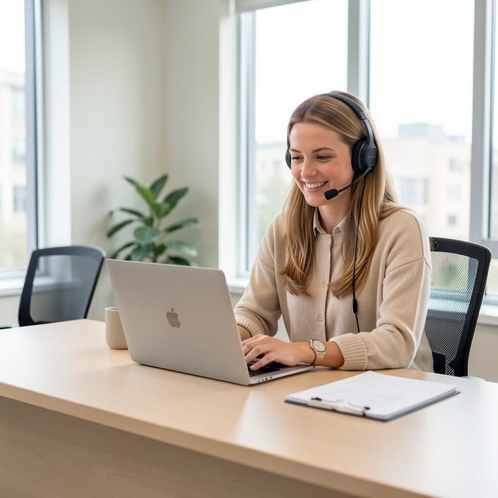 Customer support specialist working at a laptop in a bright office setting.