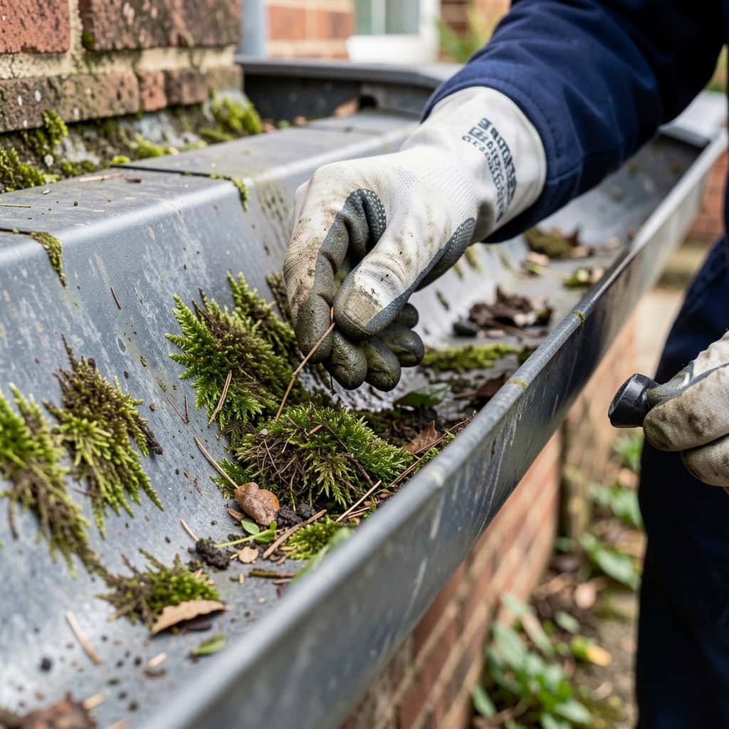 Technician cleaning residential gutters on a bright house.