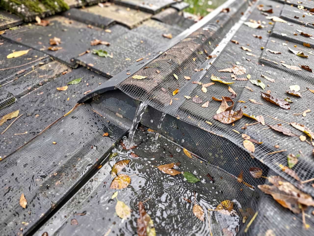 Installed gutter guard system on a residential roofline