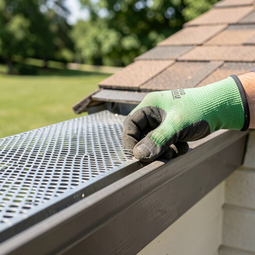 Gutter guard system with mesh protection and clean roof edge.