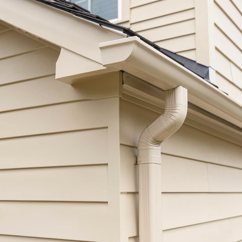 Newly installed gutter system on a bright residential exterior.