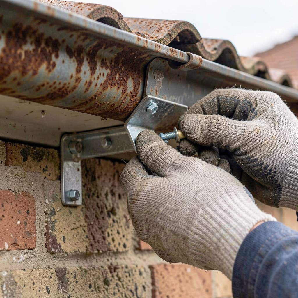 Close-up of gutter repair with bracket adjustment and seam work.