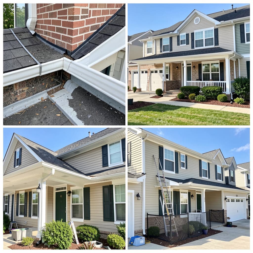Collage of gutter cleaning, repair, installation, and guard protection services.